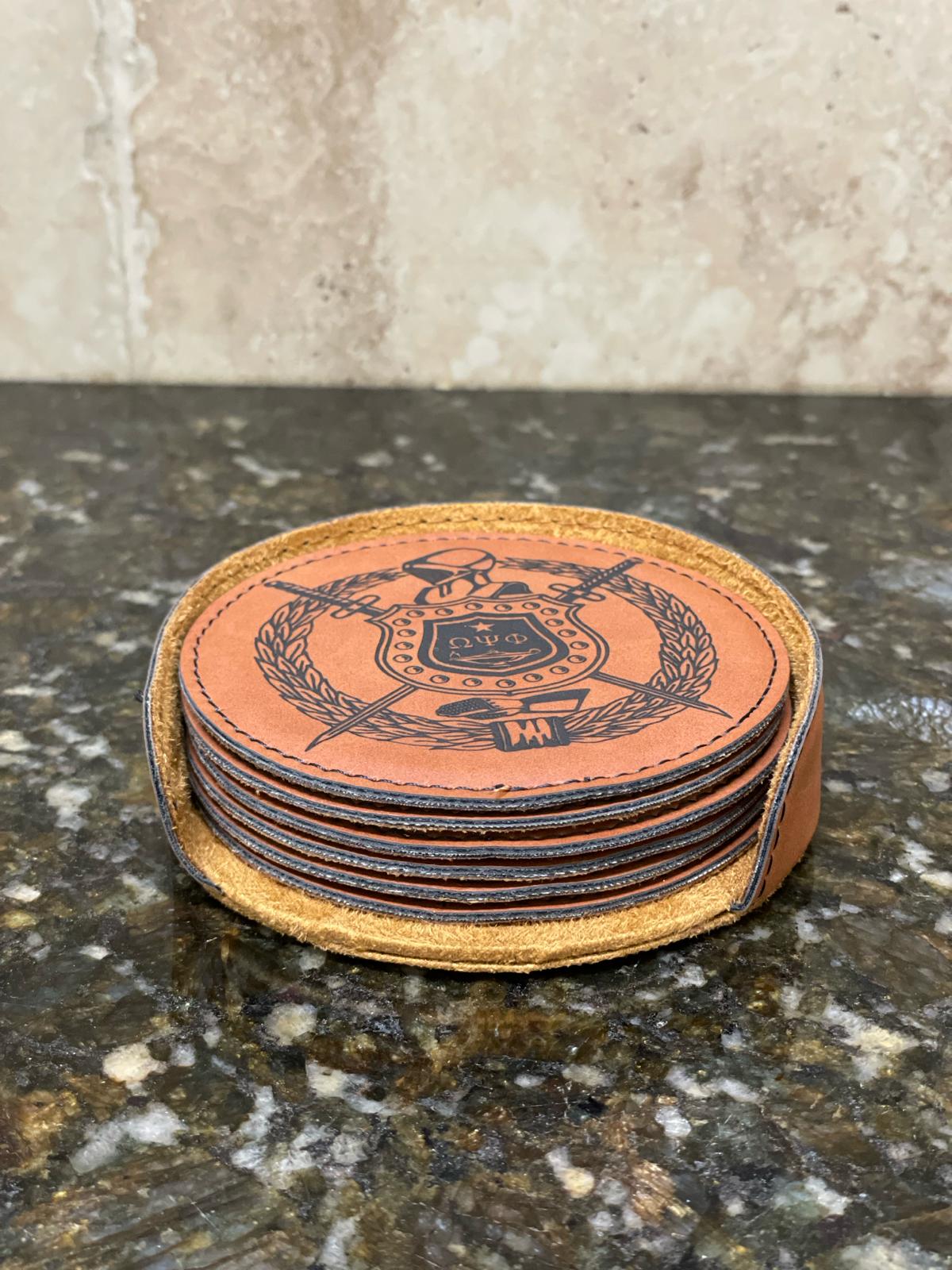 Omega Psi Phi Shield Leather Coaster Set
