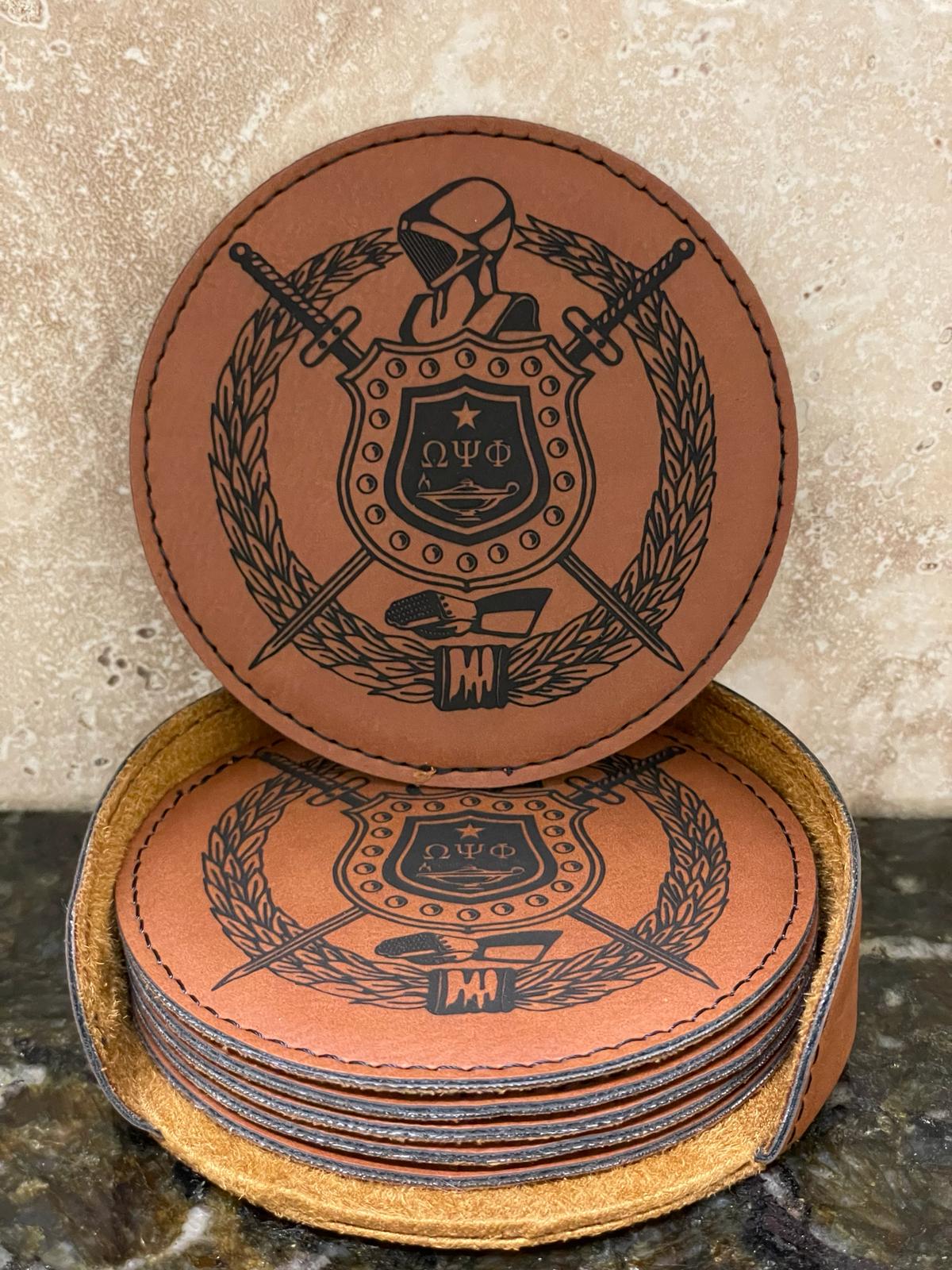 Omega Psi Phi Shield Leather Coaster Set
