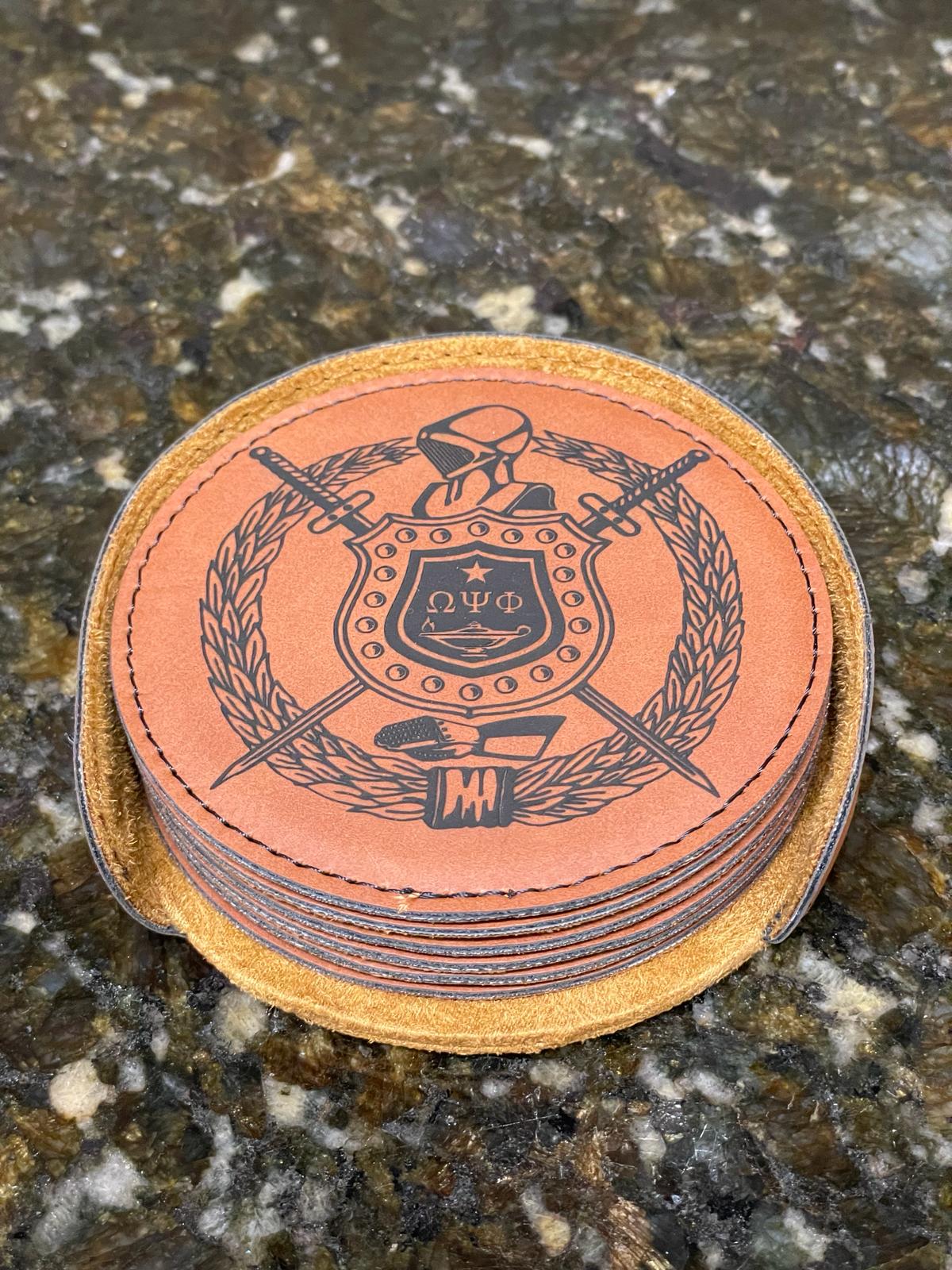 Omega Psi Phi Shield Leather Coaster Set